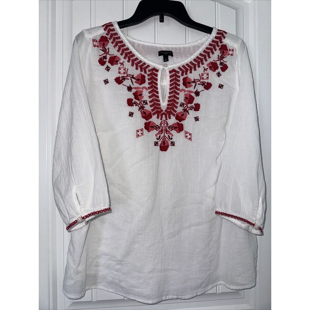 Talbots Plus Navy V Neck White Embroidery 3/4‎ Sleeve Woman's Top Size X